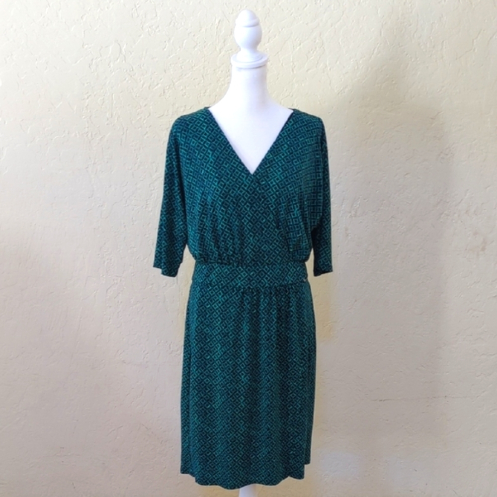 Ann Taylor Factory Green Geometric Patterned Faux Wrap Midi Dress Size Medium